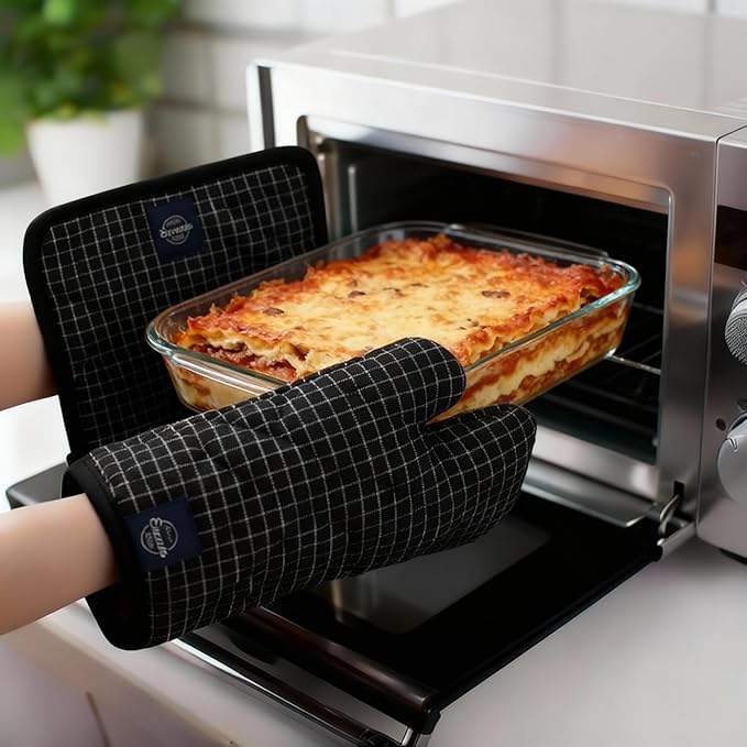 Encasa XO Heat Resistant 100% Cotton Oven Glove & Potholder Set with Loop, Kitchen Cooking Mittens, Microwave Safe Hot Pads (Butcher Checks Black)