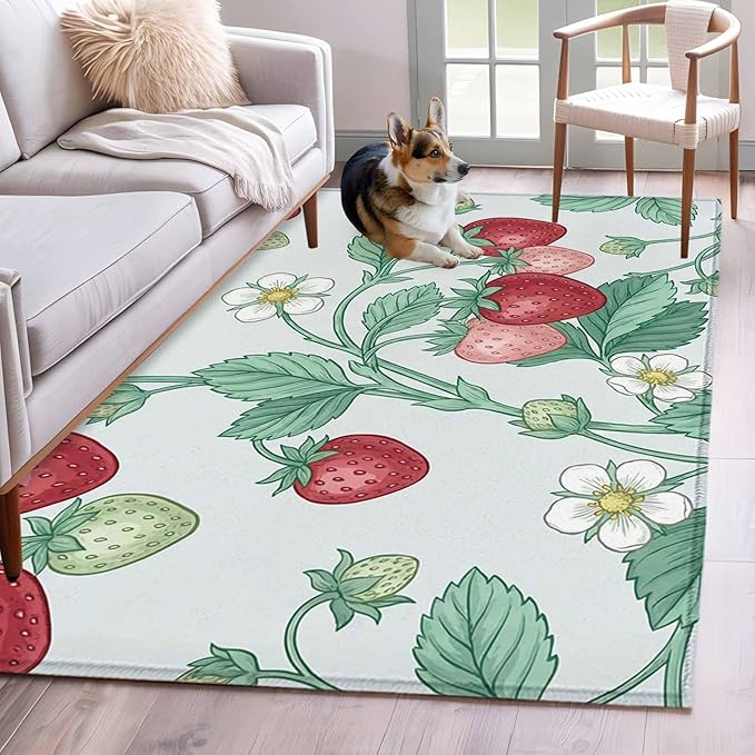 Area Rug 4x6ft, Strawberries White Flowers Washable Rugs for Living Room Bedroom, Rustic Garden Botanical Soft Non-Slip Area Rugs Rectangle Floor Carpet for Dining Room