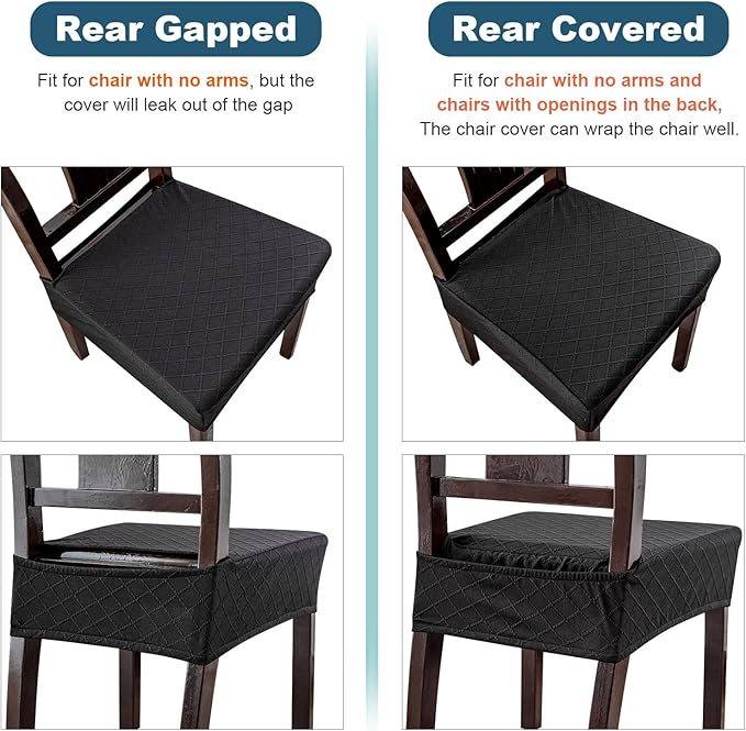Genina Waterproof Seat Covers for Chairs,Set of 6 Dining Room Chair Seat Covers for Kitchen,Stretch Jacquard Removable Washable Dining Chair Slipcovers Protectors,No Rear Covers, Black