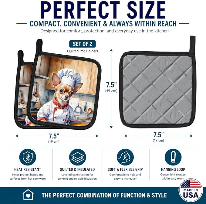 Caroline's Treasures Chihuahua The Chef Pair of Pot Holders Kitchen Heat Resistant Pot Holders Sets Oven Hot Pads for Cooking Baking BBQ, 7 1/2 x 7 1/2