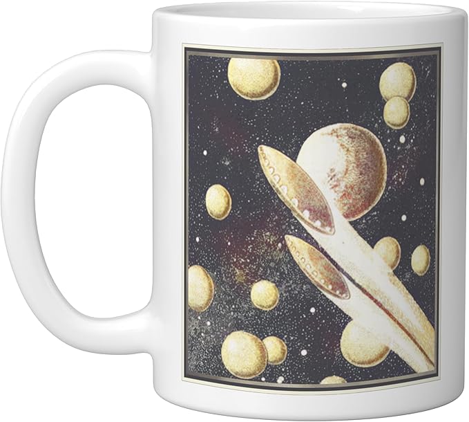 Retro Sci-Fi UFOs Flying Saucers Through Space Ceramic Mug, White