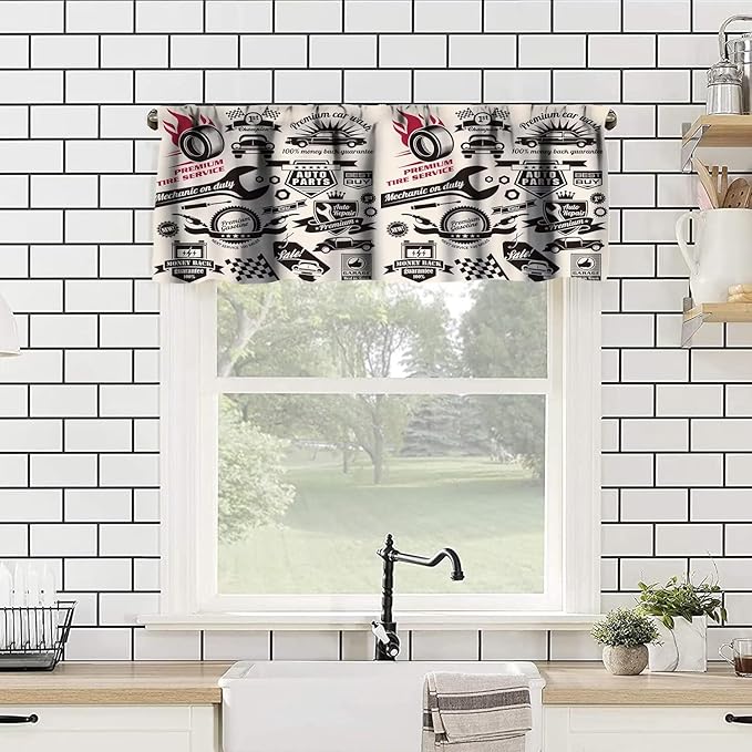 Retro Man Valances Curtains, Car Repair Shop Logos Monochrome Car Silhouettes Best Garage in Town, Windows Short Curtain Valance for Kitchen Bedroom Bathroom with Rod Pocket, 1 Panel 54X18 Inches