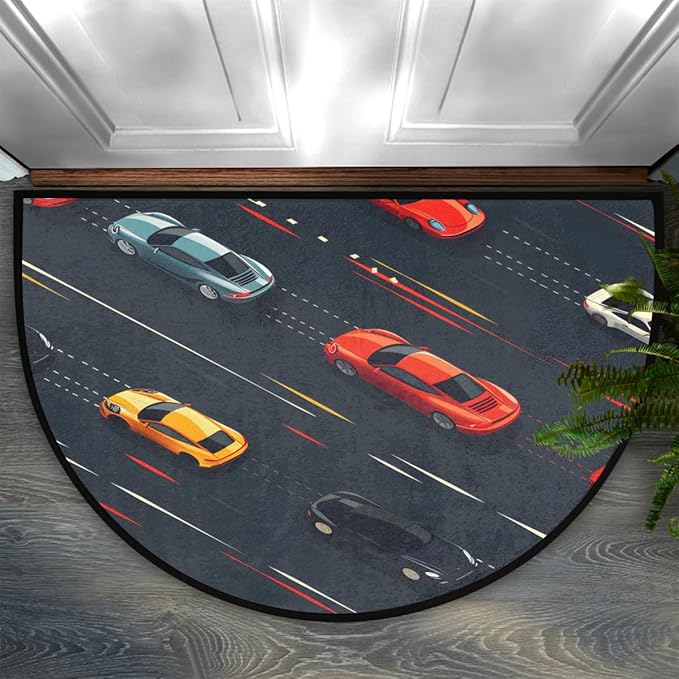 Modern Car Half-Round Door Mat | Indoor Entrance Half-Moon Rug | Low-Pile | Area Rug, Non-Slip, Absorbent Semi-Circle Welcome Mats for Kitchen, Patio, and Home Decor | 36x24 Inches
