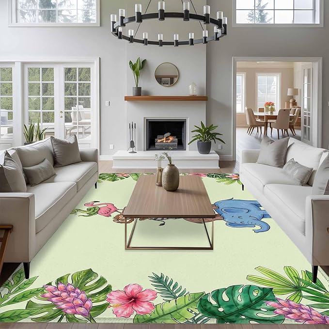 Area Rug 6x9ft, Funny Elephant Zebra Flamingo Washable Rugs for Living Room Bedroom, Tropical Leaves Floral Soft Non-Slip Area Rugs Rectangle Floor Carpet for Dining Room