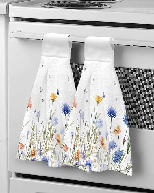 Alandar Home Kitchen Tie Towel Set of 2, Pastoral Blue Floral Butterfly on White Absorbent Soft Hand Towels for Bathroom Hanging Towels, Watercolor Flowers Fast Drying Cleaning Cloth with Loop