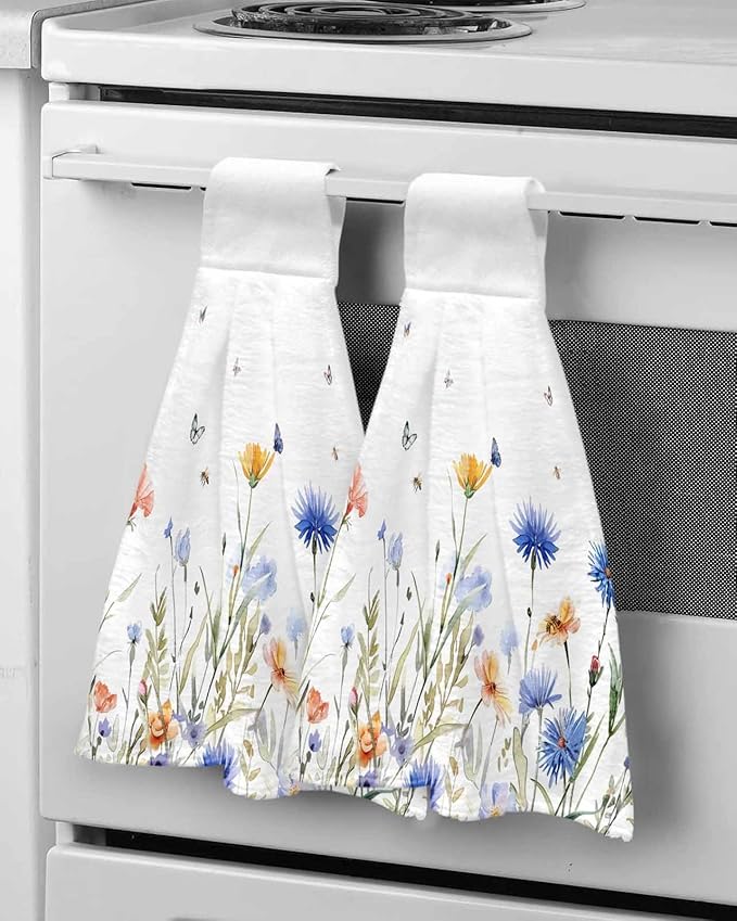 Alandar Home Kitchen Tie Towel Set of 1, Pastoral Blue Floral Butterfly on White Absorbent Soft Hand Towels for Bathroom Hanging Towels, Watercolor Flowers Fast Drying Cleaning Cloth with Loop