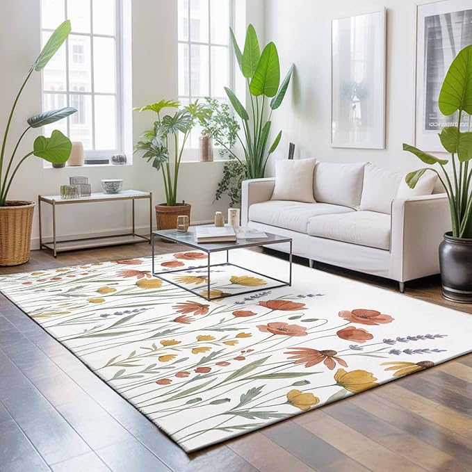 Area Rug 4x6ft, Watercolor Daisies Lavender Washable Rugs for Living Room Bedroom, Country Floral Art Soft Non-Slip Area Rugs Rectangle Floor Carpet for Dining Room