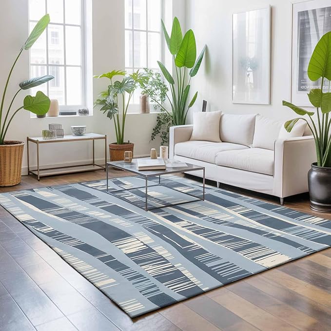 Area Rug 8x10ft, Navy Blue Ocean Waves Coastal Horizon Washable Rugs for Living Room Bedroom, Abstract Art Soft Non-Slip Area Rugs Rectangle Floor Carpet for Dining Room