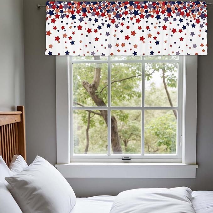 54x18Inch Star Print Topper Curtains Red Blue White Independence Day 4th of July Semi Sheer Window Treatment Bedroom Kitchen Patriotic Decor Rod Pocket Short Voile Valance Drapes