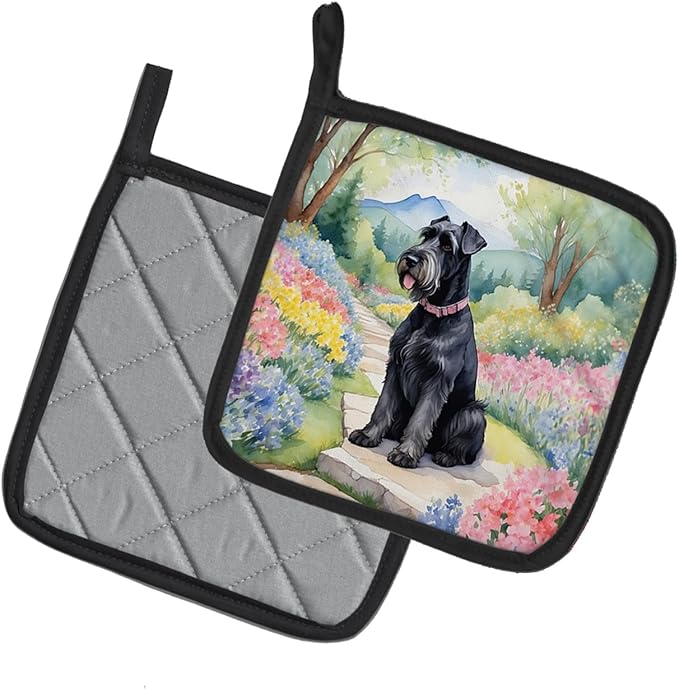 Caroline's Treasures Giant Schnauzer Spring Path Pair of Pot Holders Kitchen Heat Resistant Pot Holders Sets Oven Hot Pads for Cooking Baking BBQ, 7 1/2 x 7 1/2