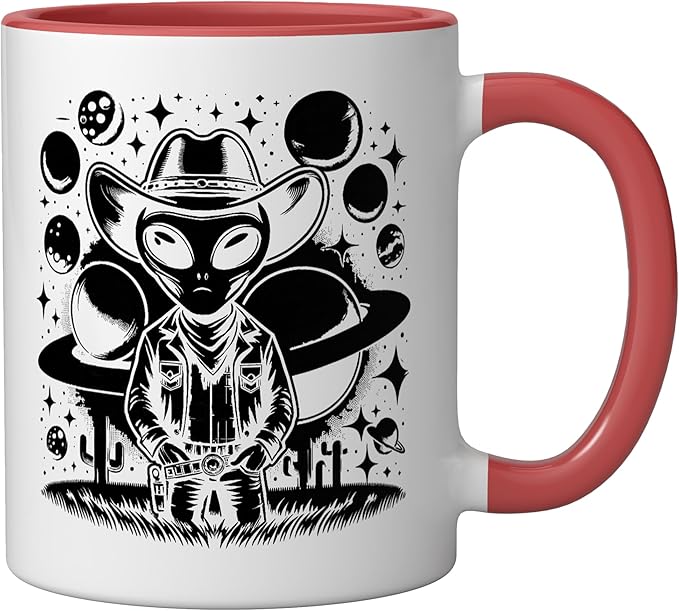 Alien Lover Flying Saucer UFO Extraterrestrial Cowboy Ceramic Mug, Red/White