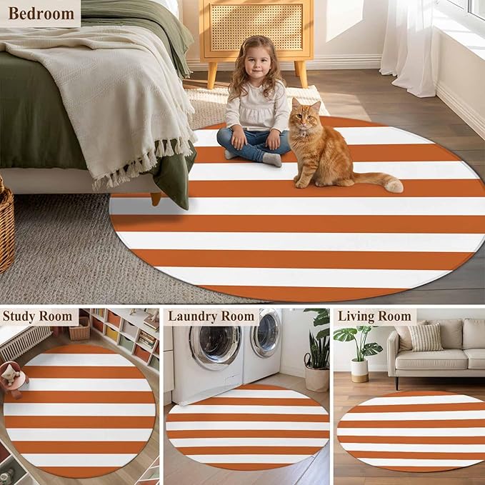 Washable Round Area Rug Farmhouse Classic Stripes Circle Rugs Floor Carpet for Living Room Bedroom, Orange White Soft Non Slip Round Rug 5ft
