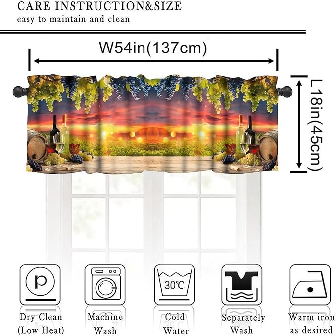 Vineyard Wine Kitchen Valance, Farm Country Sunset Grapes Barrels Window Drapes for Dining Outdoor Party Garden Home Decor, 54x18Inch