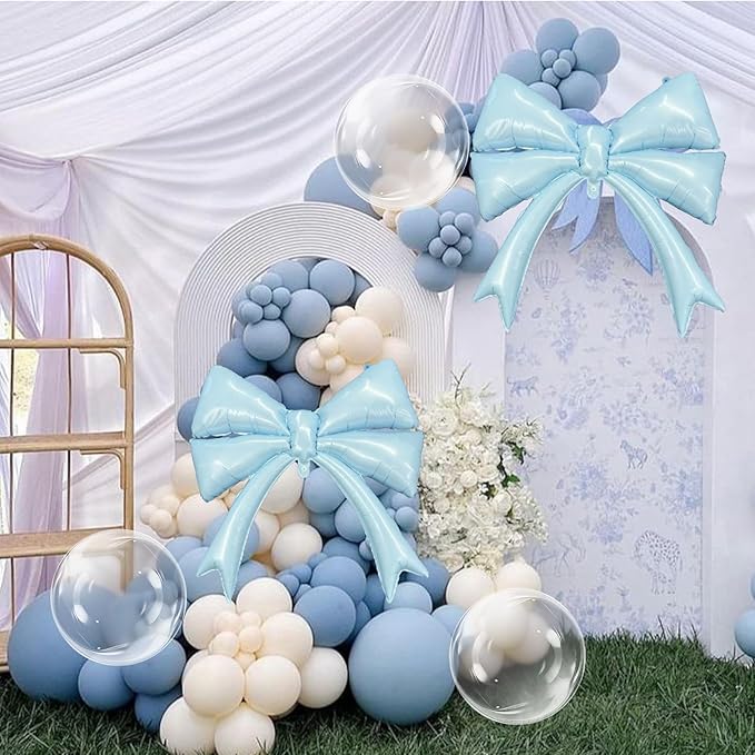Dusty Blue Balloon Garland Arch Kit, 107PCS Dusty Fog Blue and White Balloons with Bow Balloon Decor for Coquette Birthday Baby Bridal Shower Wedding Party Decorations