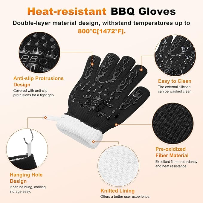 M METERXITY 1-Pair BBQ Gloves, 1472°F Heat Resistant Non-Slip Grilling Oven Gloves for Barbecue/Baking/Cooking [S Size, Black]