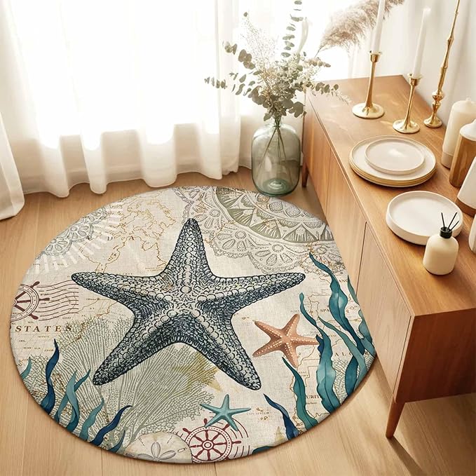 Washable Round Area Rug Nautical Starfish Teal Seaweed Starfish Circle Rugs Floor Carpet for Living Room Bedroom, Marine Life Soft Non Slip Round Rug 5ft