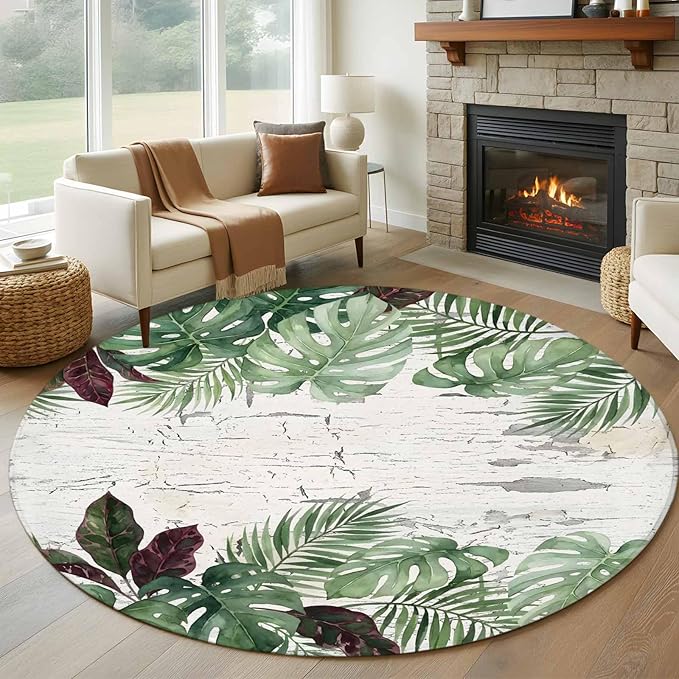 Washable Round Area Rug Summer Green Monstera Palm Leaves Circle Rugs Floor Carpet for Living Room Bedroom, Vintage Botantical Soft Non Slip Round Rug 5ft