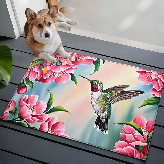 Area Rug 2x3ft, Hummingbird Flower Peach Blossom Washable Rugs for Living Room Bedroom, Nature Oil Painting Art Soft Non-Slip Area Rugs Rectangle Floor Carpet for Dining Room