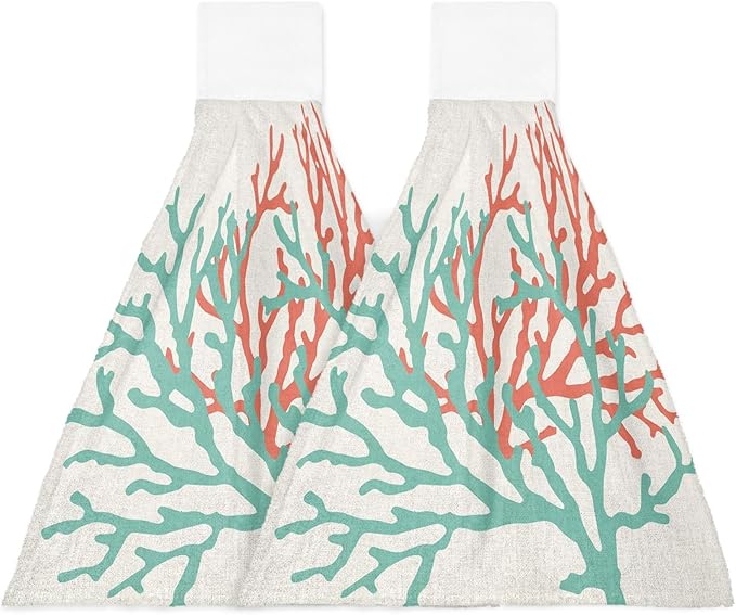Alandar Home Kitchen Tie Towel Set of 2, Ocean Teal Orange Coral on Linen Absorbent Soft Hand Towels for Bathroom Hanging Towels, Nautical Abstract Marine Life Fast Drying Cleaning Cloth with Loop