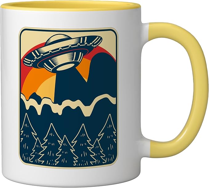 Ufo Alien Vintage Retro Ceramic Mug, Yellow/White
