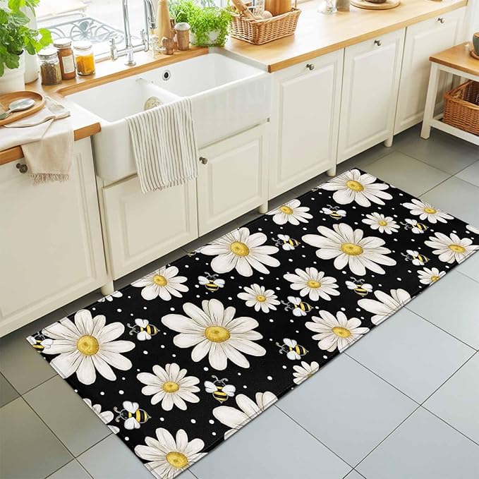 Runner Rug for Bedroom Hallway, Watercolor White Floral Daisy Bee Kitchen Runner Rugs Area Rug 2x6ft, Blossom Flower on Black Washable Soft Floor Carpet for Entryway Stair