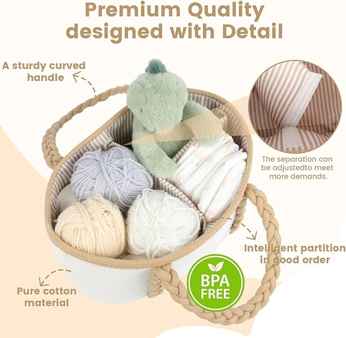 Baby Diaper Caddy, Portable Diaper Organizer for Changing Table, Car Travel Baby Shower Gifts Newborn Essentials, Cotton Rope Nursery Storage Basket for Boys Girls (White＆Khaki)