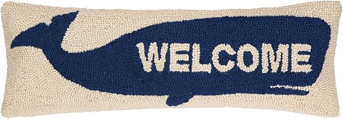 Welcome Whale Wool Hook Coastal Pillow by The Pillow Shoppe, 8x24 Oblong