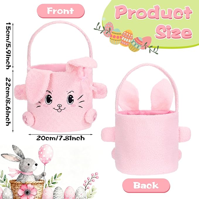 Mimorou 3 Pack Easter Basket Soft Plush Bunny Sherpa Personalized Bucket with Rabbit Ears Decorative Bow Large Bunny Tote Bags Ideal for Egg Hunt, Party Favors(White Pink and Blue)