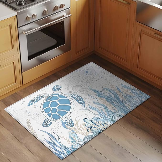 Area Rug 2x3ft, Blue Sea Turtles Stars Corals Washable Rugs for Living Room Bedroom, Vintage Marine Life Soft Non-Slip Area Rugs Rectangle Floor Carpet for Dining Room