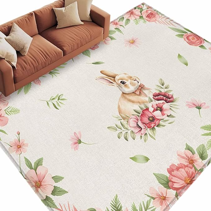 Area Rug 6x9ft, Retro Easter Rabbit on Linen Washable Rugs for Living Room Bedroom, Spring Pastoral Pink Flower Leaf Soft Non-Slip Area Rugs Rectangle Floor Carpet for Dining Room