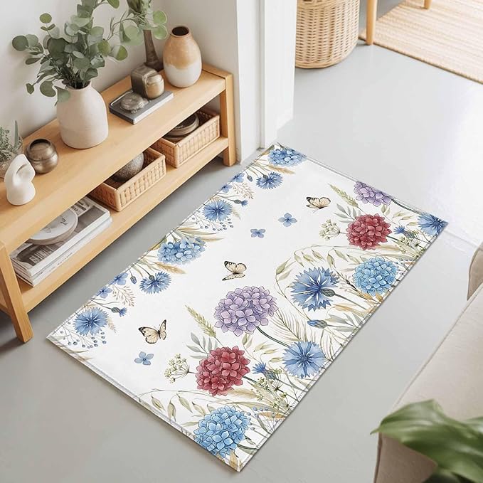 Area Rug 2x3ft, Watercolor Hydrangea Flower Washable Rugs for Living Room Bedroom, Garden Floral Butterfly Leaves Soft Non-Slip Area Rugs Rectangle Floor Carpet for Dining Room