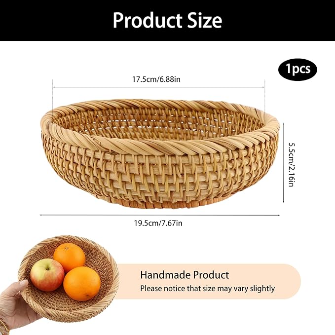 Small 6.9 Inch Natural Rattan Bread Basket,Handwoven Round Wicker Serving Bowls,Kitchen Wicker Fruit Basket Tray for Kitchen Counter Organizing Entryway Farmhouse Decor(6.9 Inch)