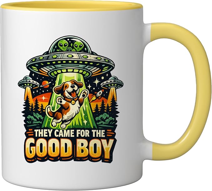 Retro sci-fi dog ufo humor they came for the good boy Ceramic Mug, Yellow/White