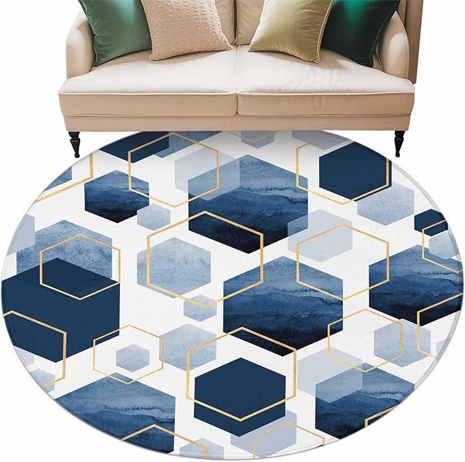 Washable Round Area Rug Watercolor Blue Hexagon Circle Rugs Floor Carpet for Living Room Bedroom, Abstract Geometric Art Soft Non Slip Round Rug 5ft