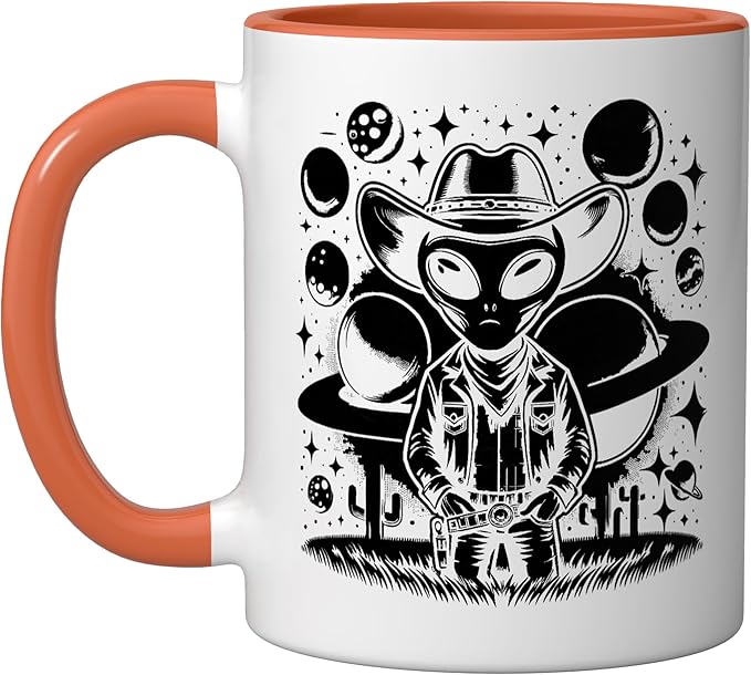 Alien Lover Flying Saucer UFO Extraterrestrial Cowboy Ceramic Mug, Orange/White