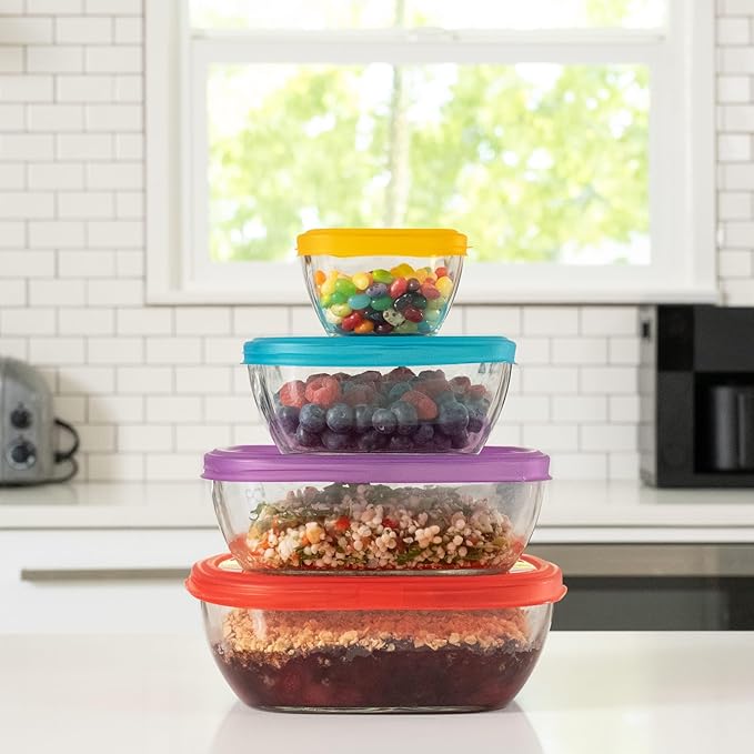Libbey Serve It 8 Piece Glass Storage Container Set with 2 Cup, 6 Cup, 8 Cup, and 12.5 Cup Bowls and Multi Color Lids