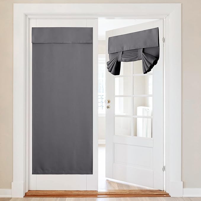 NICETOWN Door Curtain for French Front Door, Adhesive Thermal Insulated Curtain Privacy Blackout Roman Tie Up Sade for Window Closet Doorway Drape, 26" Wide x 80" Long, 1 PC, Grey