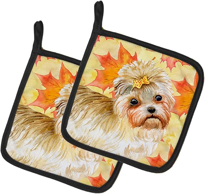 Caroline's Treasures BB9929PTHD Morkie Fall Pair of Pot Holders, Yellow Kitchen Heat Resistant Pot Holders Sets Oven Hot Pads for Cooking Baking BBQ, 7 1/2 x 7 1/2
