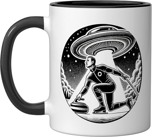 Curling Curl Curler Sport Men Guys Male Ice Outer Space Ceramic Mug, Black/White