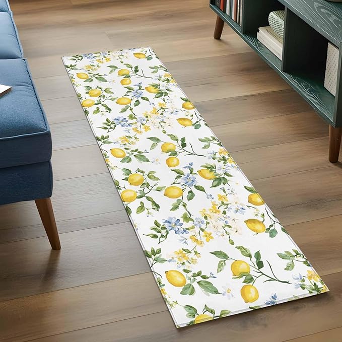 Runner Rug for Bedroom Hallway, Summer Watercolor Lemon Flower Kitchen Runner Rugs Area Rug 2x6ft, Spring Farm Fruit Green Leaf Washable Soft Floor Carpet for Entryway Stair