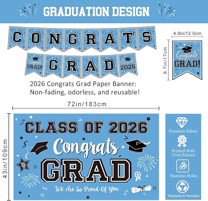 Graduation Decorations Class of 2026 Set - Sky Blue Themed Congrats Grad Banner & Backdrop, Hanging Swirls, Porch Sign, Balloons, Foil Number 2026 for High School & College Celebrations
