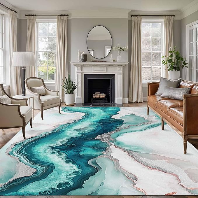 Area Rug 6x9ft, Abstract Blue Marble Texture Washable Rugs for Living Room Bedroom, Modern Luxury Pattern Soft Non-Slip Area Rugs Rectangle Floor Carpet for Dining Room