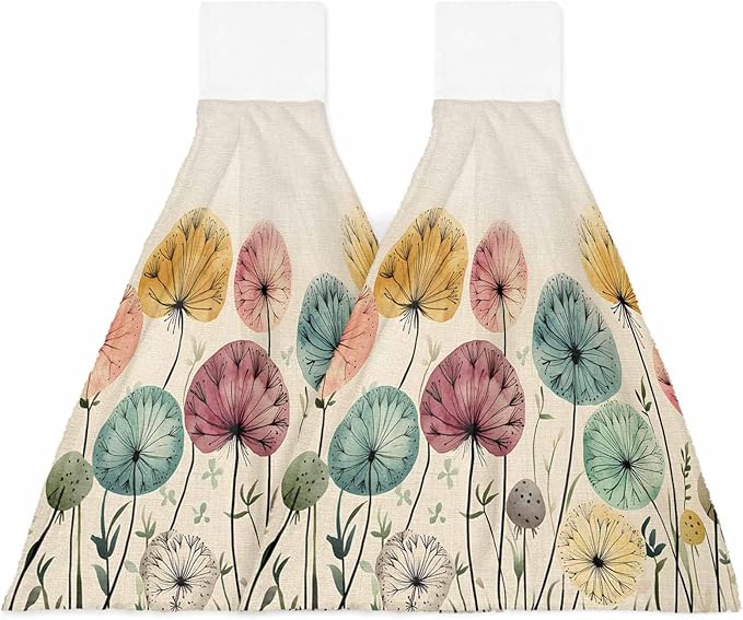 Alandar Home Kitchen Tie Towel Set of 2, Farm Dandelion Plant on Rustic Absorbent Soft Hand Towels for Bathroom Hanging Towels, Watercolor Botanical Fast Drying Cleaning Cloth with Loop