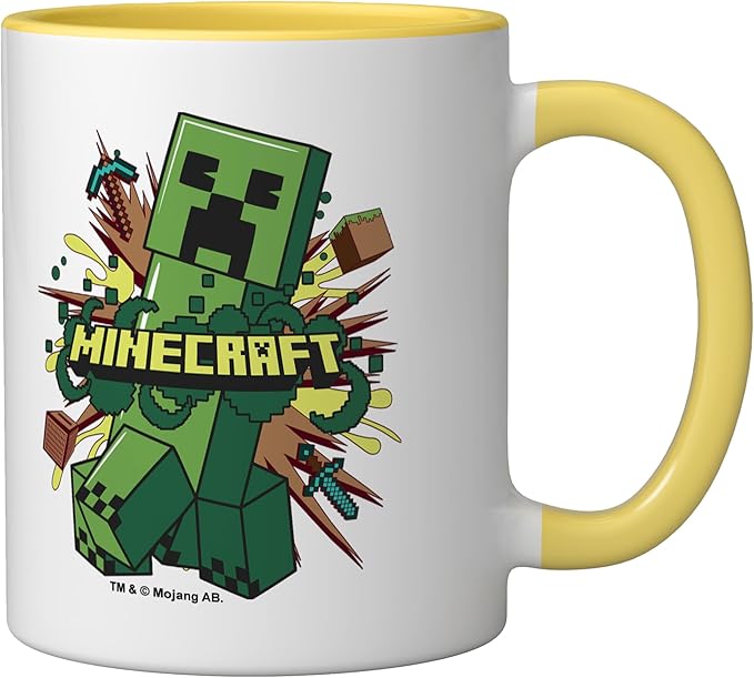 Minecraft Creeper Running From Explosion Ceramic Mug, Yellow/White