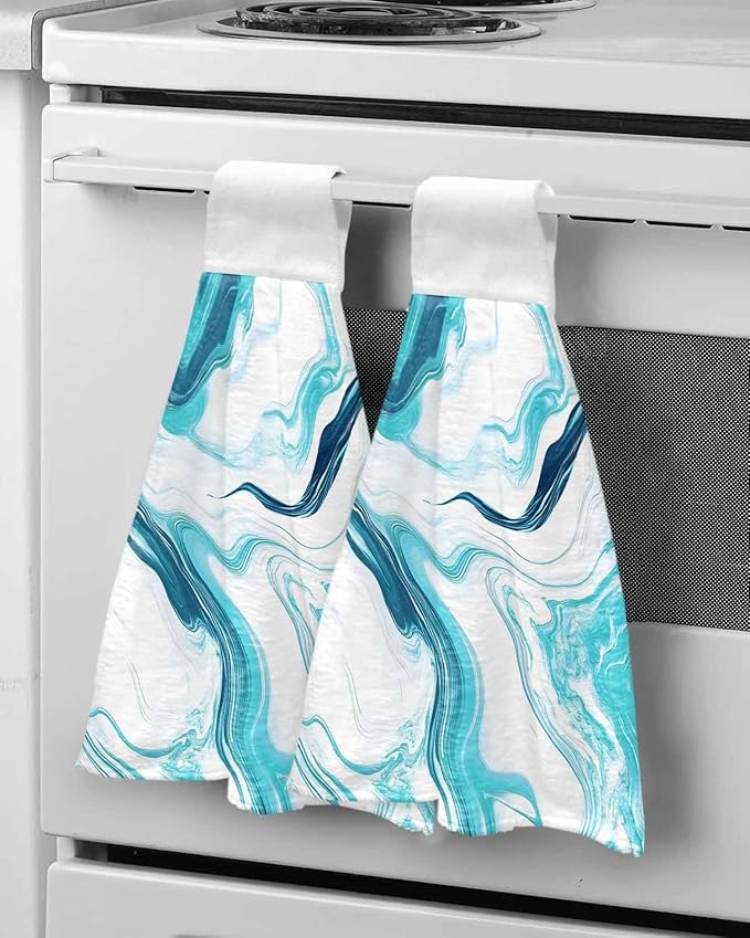 Alandar Home Kitchen Tie Towel Set of 1, Abstract Blue Gradient Marble Absorbent Soft Hand Towels for Bathroom Hanging Towels, Ombre Water Ripple Fast Drying Cleaning Cloth with Loop