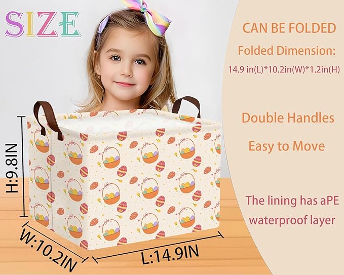 Large Rectangular Easter Baskets Empty Waterproof Boy Toy Box Foldable Kid's Gifts Storage Bin Spring Room Decor(Small Round Dot Gift Basket Egg)
