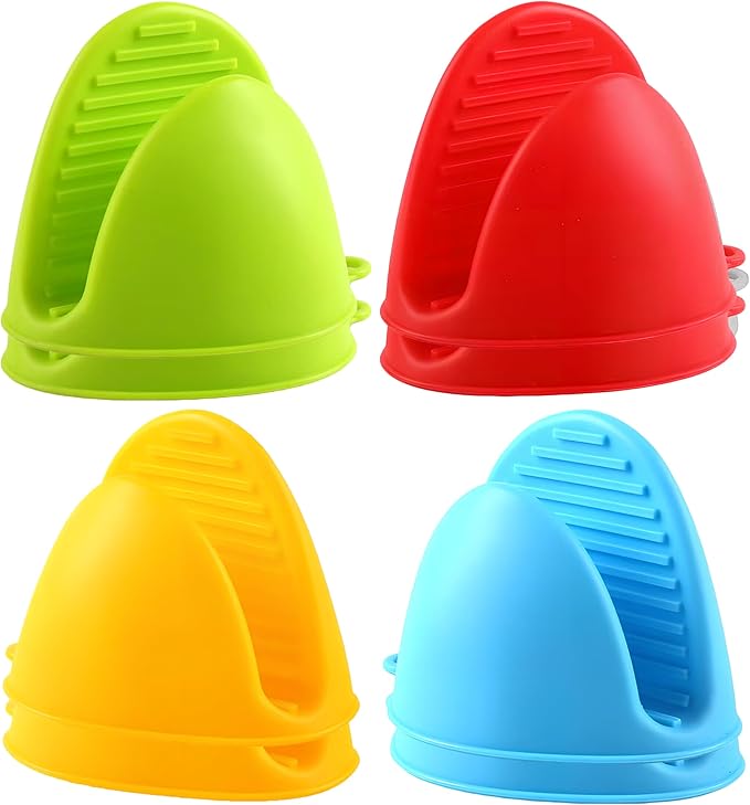4 Pairs (Red, Green, Yellow, Blue), Mini silicone oven gloves, Mini Finger Protector Pot Holder for Kitchen,Cooking,Baking,BBQHeat Resistant Gloves，can be washed in the dishwasher