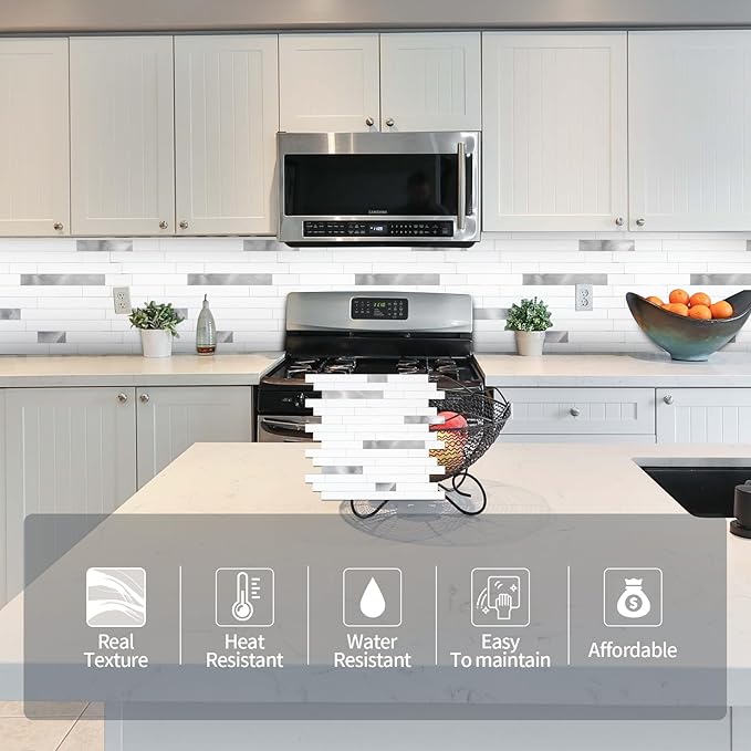 Yipscazo Peel and Stick Stone Metal Backsplash, Stick on Tiles for Backsplash Kitchen (5 Pack, Pure White)