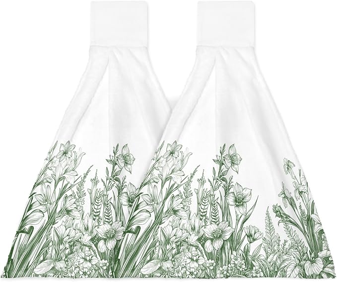 Alandar Home Kitchen Tie Towel Set of 2, Green Flowers Iris Lavender Leaves Absorbent Soft Hand Towels for Bathroom Hanging Towels, Spring Botanical Fast Drying Cleaning Cloth with Loop