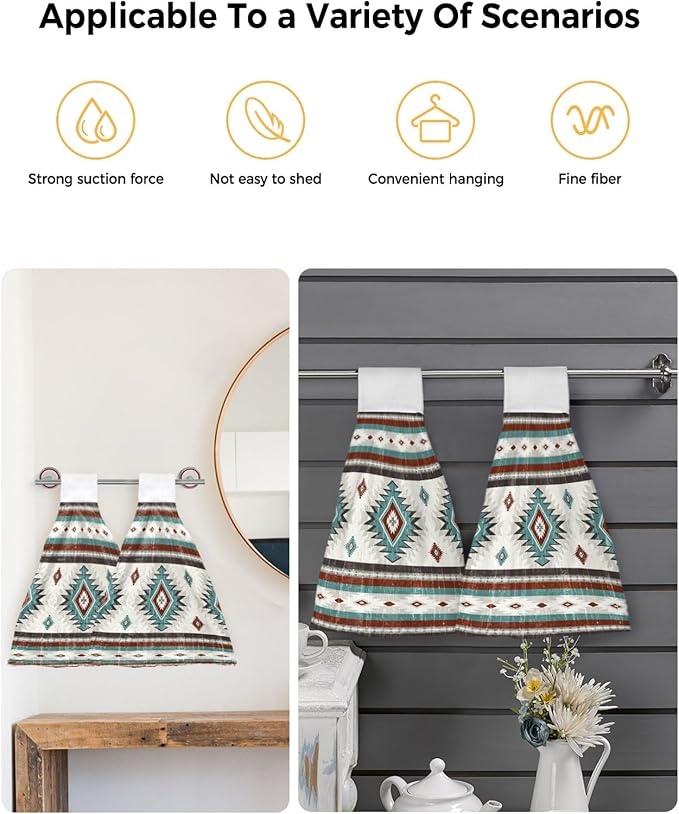Alandar Home Kitchen Tie Towel Set of 1, Farm Brown Bohemian Aztec Absorbent Soft Hand Towels for Bathroom Hanging Towels, Turquoise Ethnic Wind Fast Drying Cleaning Cloth with Loop